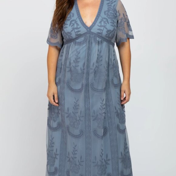 Pinkblush Womens Dress XL Maternity Steel Blue Lace Mesh Overlay Boho Maxi - Picture 1 of 13